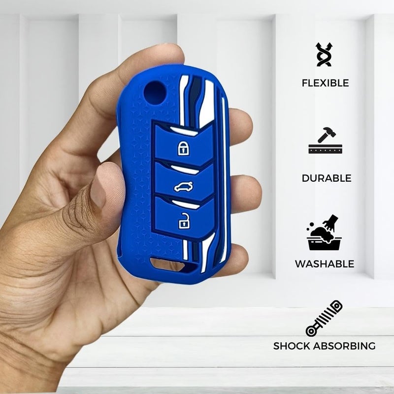 Keycept™ Tristar Silicone Key Cover for Mahindra Scorpio N, 3XO, XUV 300, Marazzo, XUV 700, XUV 400, Bolero, Thar Roxx, TUV 300, EV 3 Button Flip Key Cover (Blue) - Image 3