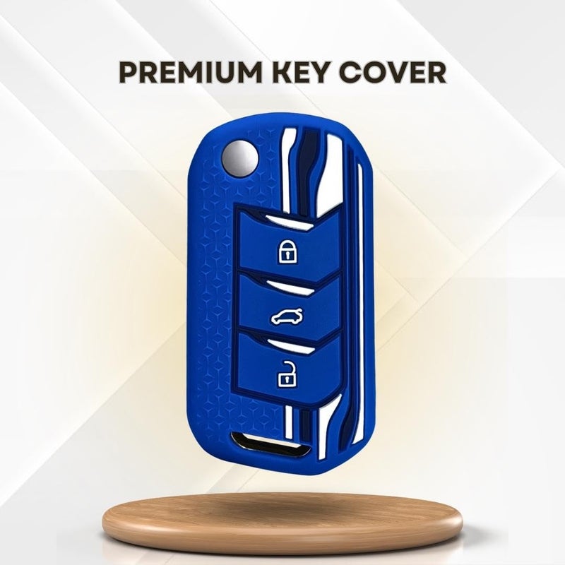 Keycept™ Tristar Silicone Key Cover for Mahindra Scorpio N, 3XO, XUV 300, Marazzo, XUV 700, XUV 400, Bolero, Thar Roxx, TUV 300, EV 3 Button Flip Key Cover (Blue) - Image 2