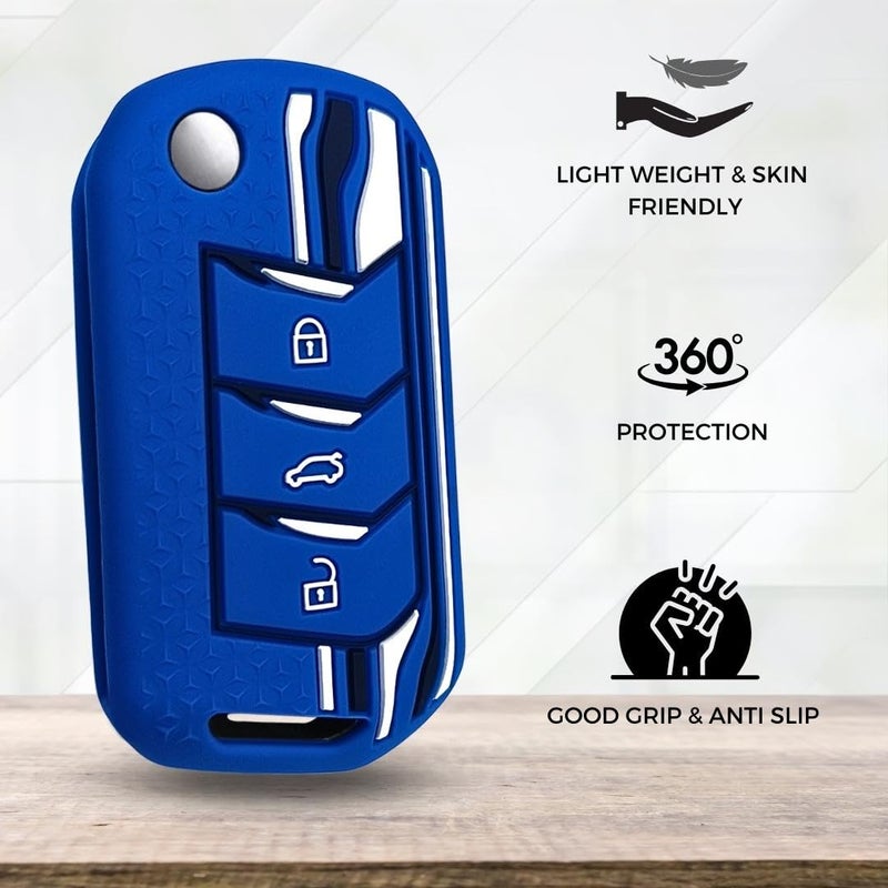 Keycept™ Tristar Silicone Key Cover for Mahindra Scorpio N, 3XO, XUV 300, Marazzo, XUV 700, XUV 400, Bolero, Thar Roxx, TUV 300, EV 3 Button Flip Key Cover (Blue) - Image 4