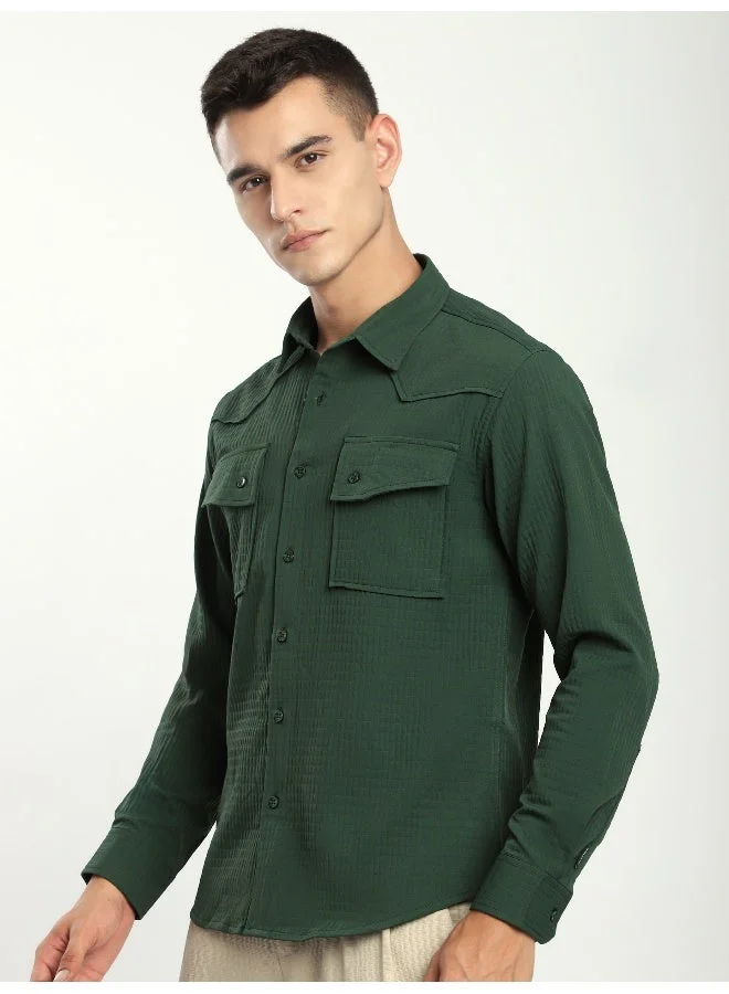 Beyoung Olive Green Textured Western Shirt