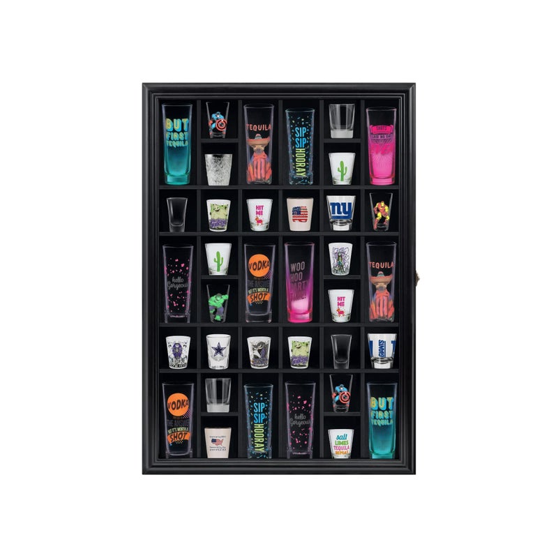 ILOT Shot Glass Display Cabinet Solid Wood  Large Display Case for Collectibles  Man Cave Accessories  UV Protection Acrylic Door  Wall Mounted Black Shadow Box  36 Divided Slots  26 x 18