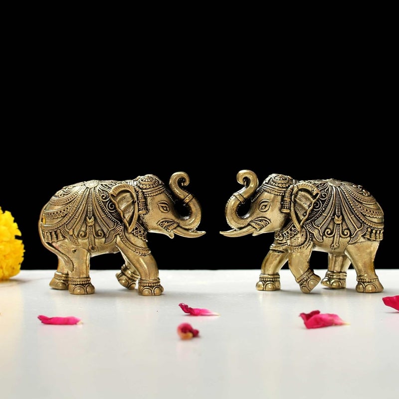 INDICAST Brass 175 Elephant Statue 2 pcs Set Decorative Showpiece Figurines for Home Office Gift Article Perfect for Home Dcor Good Luck Weight 80gm - Image 1