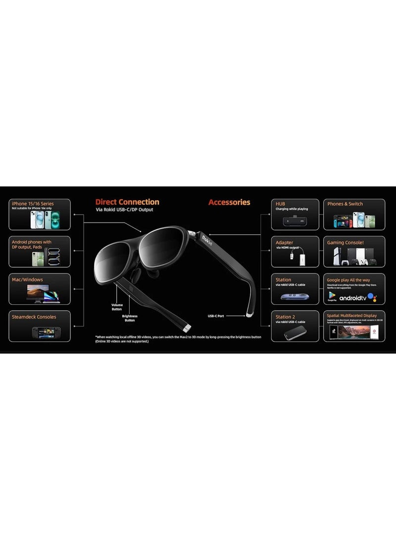 Rokid Dolphin Connect,Rokid Max 2 AR Glasses Black, 215" Micro-OLED Display, 50° FOV, 600 Nits Brightness, Compatible with Smart Phone, Steam Deck, ROG and More, Immersive Wearable Display for Gaming & Entertainment - Image 1