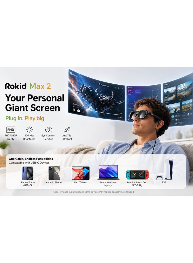 Rokid Max 2 AR Glasses Black, 215" Micro-OLED Display, 50° FOV, 600 Nits Brightness, Compatible with Smart Phone, Steam Deck, ROG and More, Immersive Wearable Display for Gaming & Entertainment - Image 1