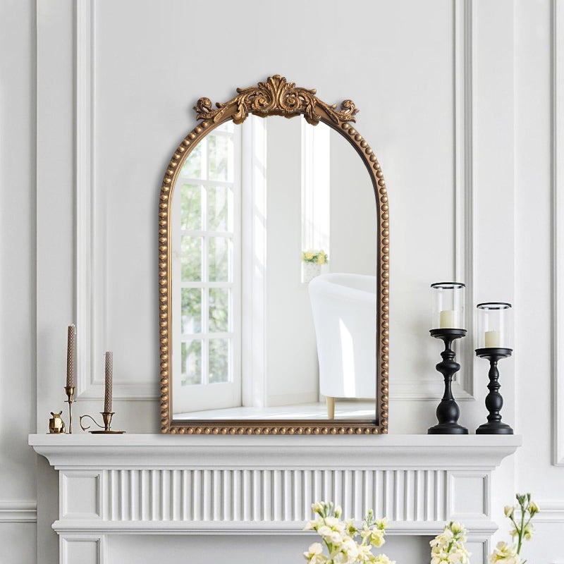 ironsmithn Gold Arched Mirror 20x32 Ornate Beaded Frame Mirror Metal Decorative Accent Mirrors for Fireplace Bedroom Bathroom Living Room Entryway