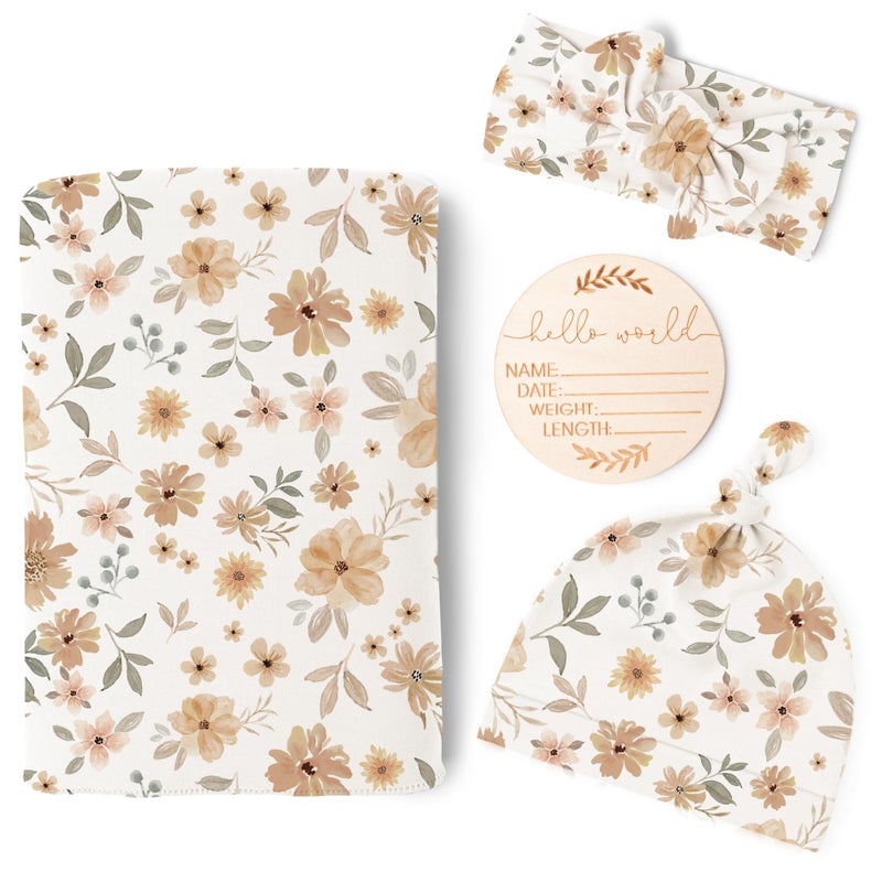 Konssy Baby Girl Newborn Receiving Blanket with Matching Headband and Beanie Set Baby Swaddle Nursery Swaddle Wrap - Image 1