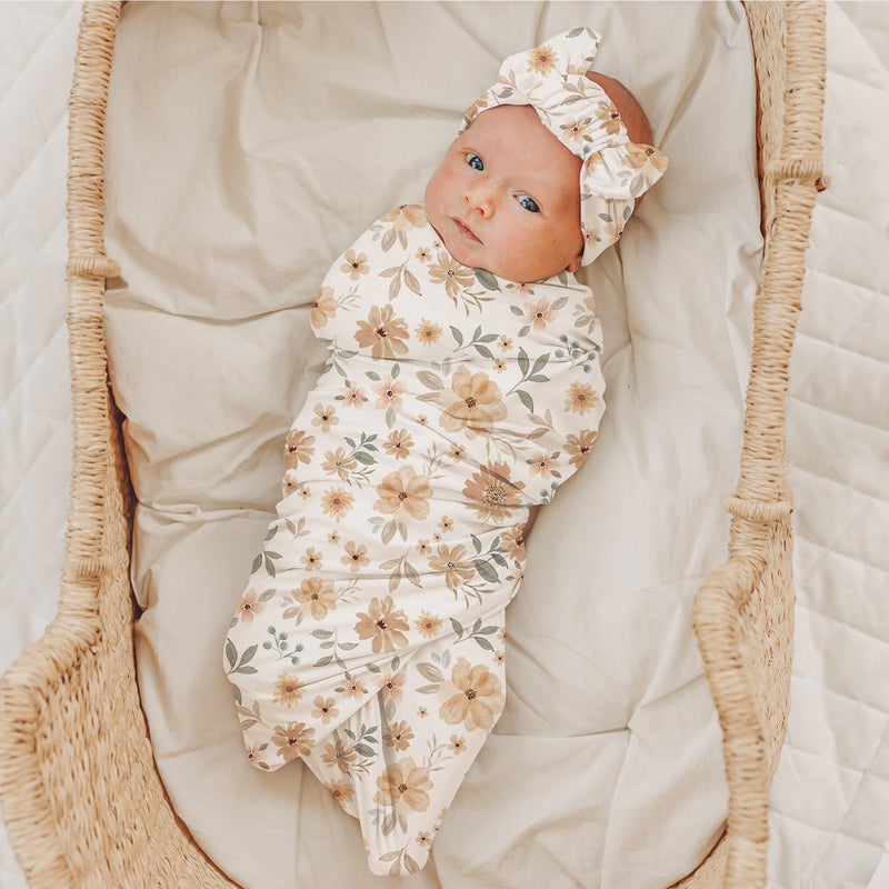 Konssy Baby Girl Newborn Receiving Blanket with Matching Headband and Beanie Set Baby Swaddle Nursery Swaddle Wrap - Image 3