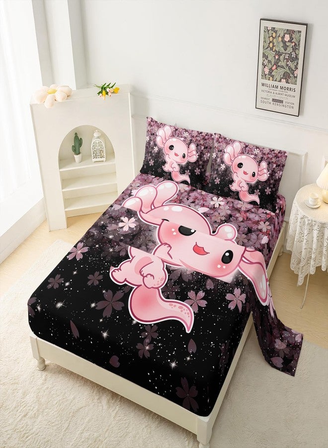 QOOMO Kawaii Axolotl Bedding for Boys and Girls Pink Cherry Blossom Super Soft Kids Bedding Set Sparkling Stars Breathable Room Decoration Twin Size 1 Fitted Sheet, 1 Flat Sheet, 2 Pillow Cases - Image 2