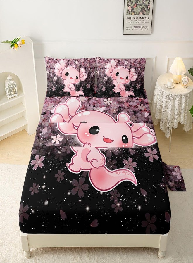 QOOMO Kawaii Axolotl Bedding for Boys and Girls Pink Cherry Blossom Super Soft Kids Bedding Set Sparkling Stars Breathable Room Decoration Twin Size 1 Fitted Sheet, 1 Flat Sheet, 2 Pillow Cases - Image 5