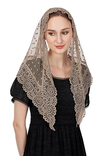 Wgior Triangle Vintage Inspired Lace Chapel Veils Catholic Mass Head Covering Scarf Mantilla Veils for Church (Beige) - Image 2