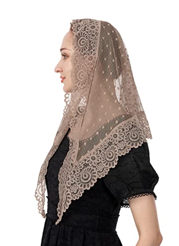Wgior Triangle Vintage Inspired Lace Chapel Veils Catholic Mass Head Covering Scarf Mantilla Veils for Church (Beige) - Image 3