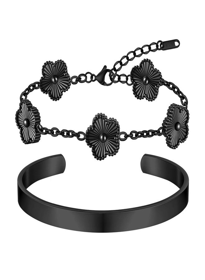 MEALGUET Mens Stackable Cuff Bangle Bracelets Set Jewelry : Fashion Flower Floral Chain Bracelet Minimal Open Bangles 2 Pcs Non Tarnish Waterproof Trendy Christmas Valentines Birthday Gifts for Him,Black - Image 1