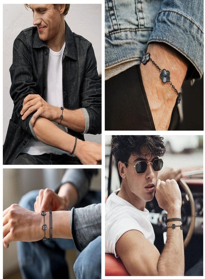 MEALGUET Mens Stackable Cuff Bangle Bracelets Set Jewelry : Fashion Flower Floral Chain Bracelet Minimal Open Bangles 2 Pcs Non Tarnish Waterproof Trendy Christmas Valentines Birthday Gifts for Him,Black - Image 5
