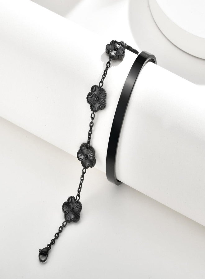 MEALGUET Mens Stackable Cuff Bangle Bracelets Set Jewelry : Fashion Flower Floral Chain Bracelet Minimal Open Bangles 2 Pcs Non Tarnish Waterproof Trendy Christmas Valentines Birthday Gifts for Him,Black - Image 2