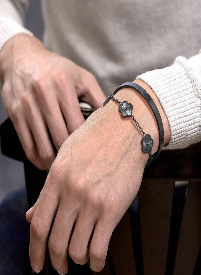 MEALGUET Mens Stackable Cuff Bangle Bracelets Set Jewelry : Fashion Flower Floral Chain Bracelet Minimal Open Bangles 2 Pcs Non Tarnish Waterproof Trendy Christmas Valentines Birthday Gifts for Him,Black - Image 3