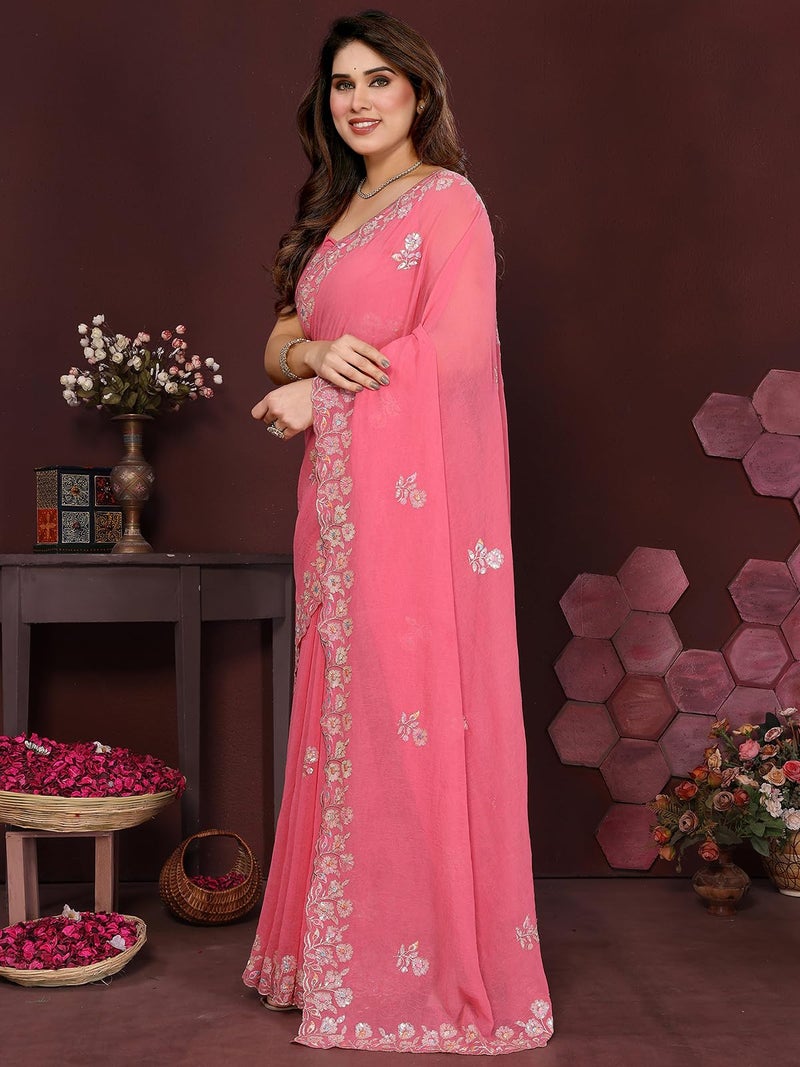 Satrani Women's Georgette Scalloped Border Sequins Embroidery Saree with Unstitched Blouse Piece (4741S811N_Coral Pink) - Image 2