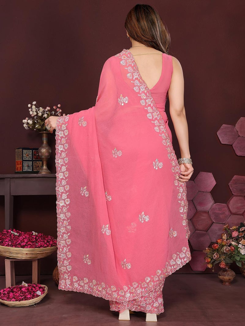 Satrani Women's Georgette Scalloped Border Sequins Embroidery Saree with Unstitched Blouse Piece (4741S811N_Coral Pink) - Image 4