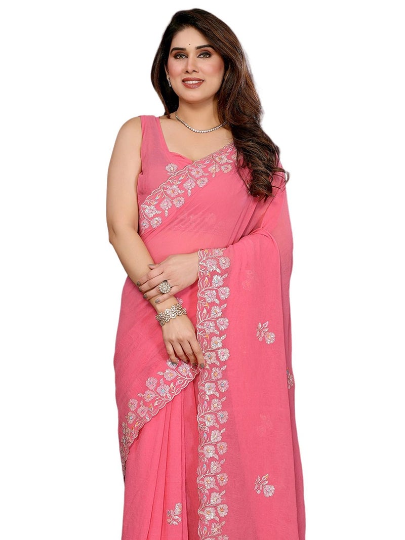Satrani Women's Georgette Scalloped Border Sequins Embroidery Saree with Unstitched Blouse Piece (4741S811N_Coral Pink) - Image 1