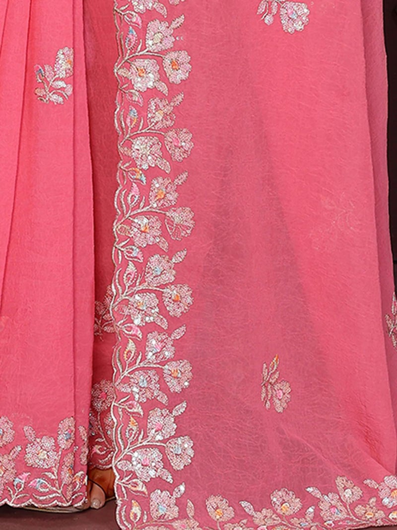 Satrani Women's Georgette Scalloped Border Sequins Embroidery Saree with Unstitched Blouse Piece (4741S811N_Coral Pink) - Image 5