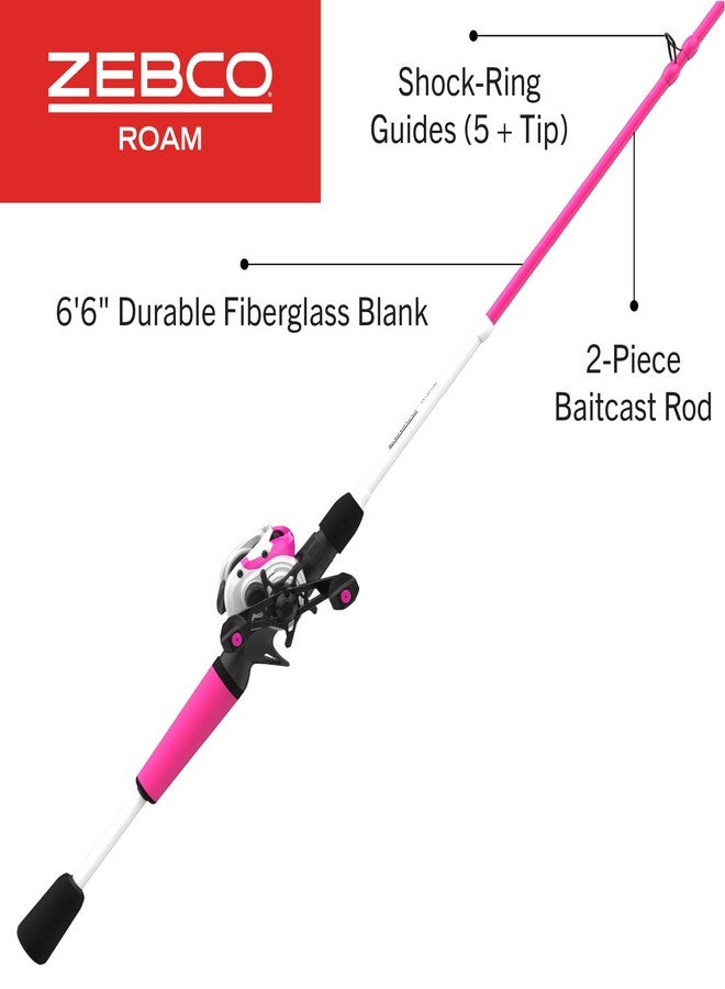 Zebco Roam Baitcast Reel and Fishing Rod Combo, 6-Foot 6-Inch 2-Piece Fiberglass Fishing Pole with Split-Grip MaxTac Rod Handle, Lightweight Graphite Frame, Right-Hand Retrieve, Pink - Image 2