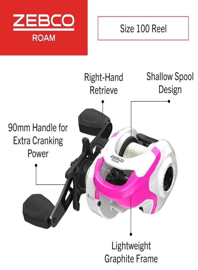 Zebco Roam Baitcast Reel and Fishing Rod Combo, 6-Foot 6-Inch 2-Piece Fiberglass Fishing Pole with Split-Grip MaxTac Rod Handle, Lightweight Graphite Frame, Right-Hand Retrieve, Pink - Image 3