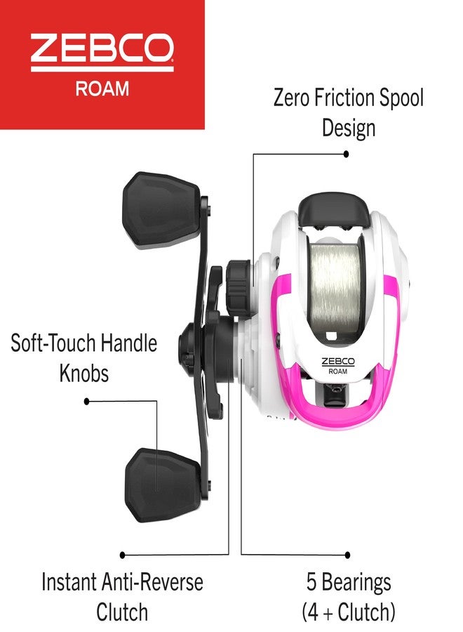 Zebco Roam Baitcast Reel and Fishing Rod Combo, 6-Foot 6-Inch 2-Piece Fiberglass Fishing Pole with Split-Grip MaxTac Rod Handle, Lightweight Graphite Frame, Right-Hand Retrieve, Pink - Image 4