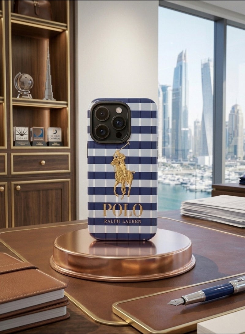 Grace Apple IPhone 15 PRO - Polo Ralph Lauren iPhone 15 Pro Case Blue Striped Gold Pony Logo Hard Cover - Image 2