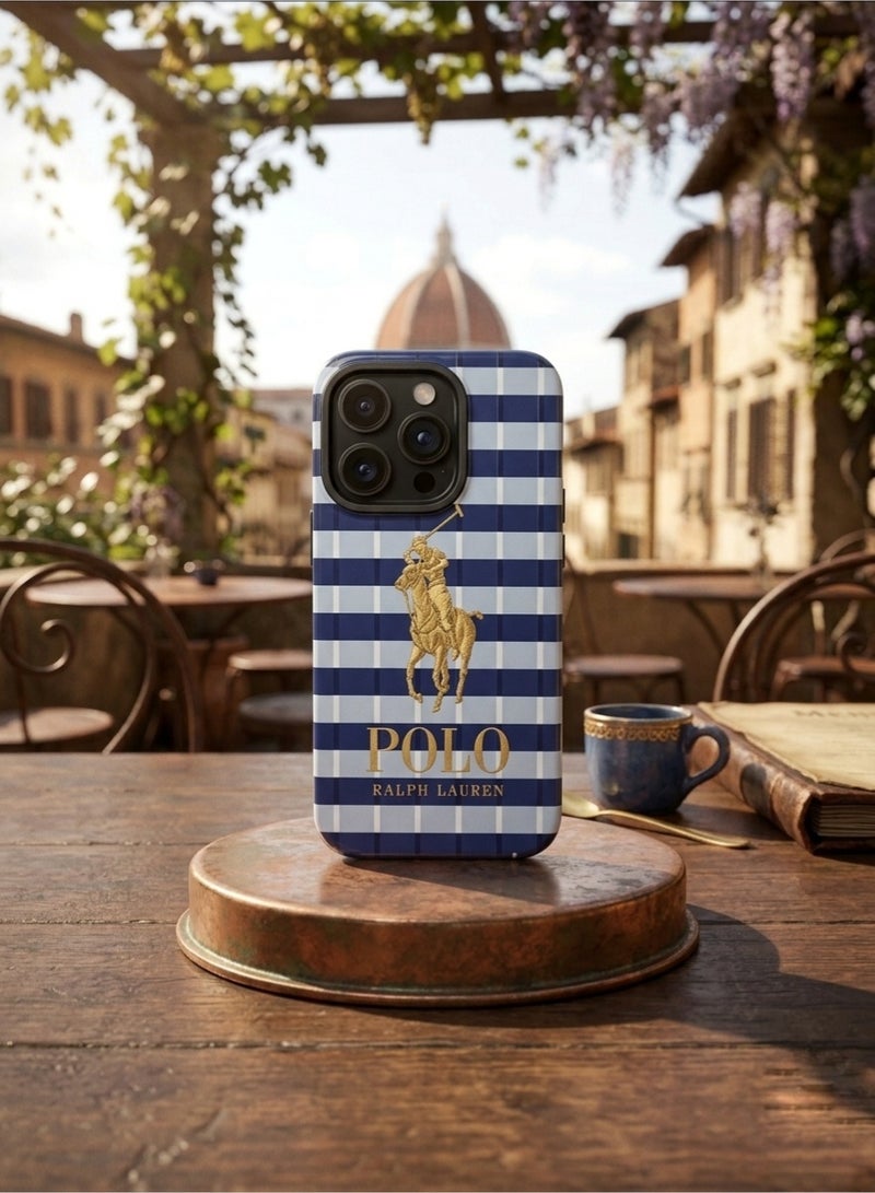 Grace Apple IPhone 15 PRO - Polo Ralph Lauren iPhone 15 Pro Case Blue Striped Gold Pony Logo Hard Cover - Image 4