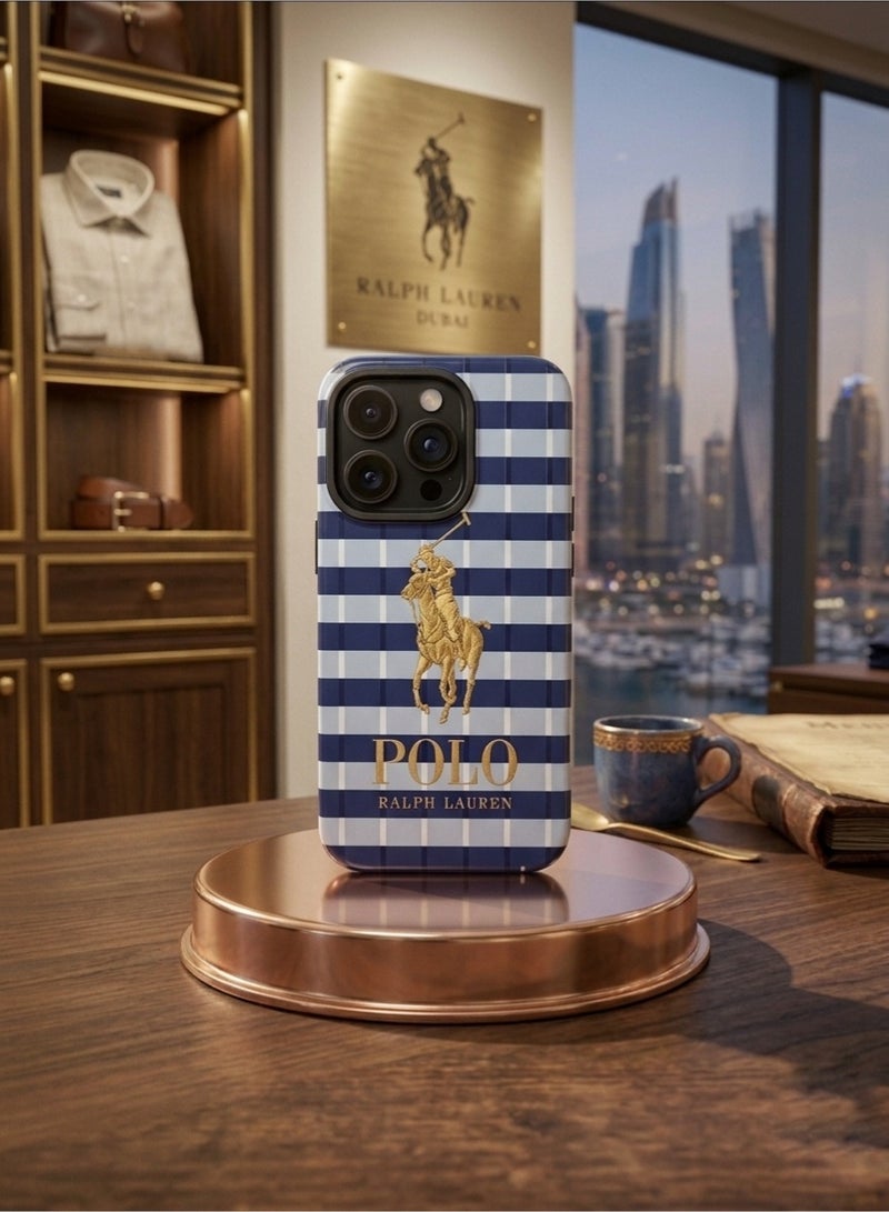 Grace Apple IPhone 15 PRO - Polo Ralph Lauren iPhone 15 Pro Case Blue Striped Gold Pony Logo Hard Cover - Image 3