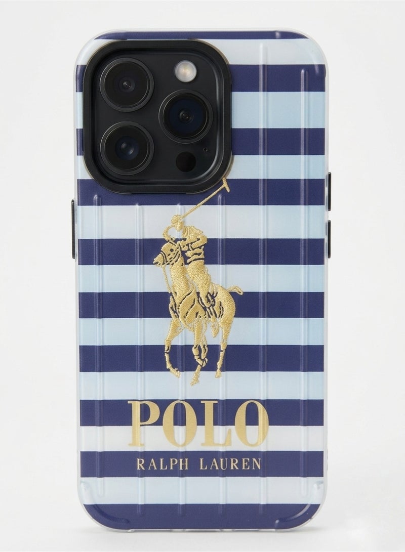 Grace Apple IPhone 15 PRO - Polo Ralph Lauren iPhone 15 Pro Case Blue Striped Gold Pony Logo Hard Cover - Image 1