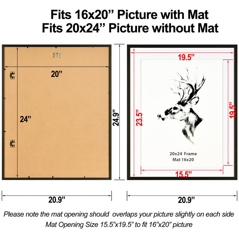 Yaetm 20x24 Black Wood Picture Frame with Mat for 16x20 Set of 2, Solid Wood Frame for Photos, Posters & Art Prints, Horizontal and Vertical Wall Mount (2 pack, Anthracite Black) - Image 2