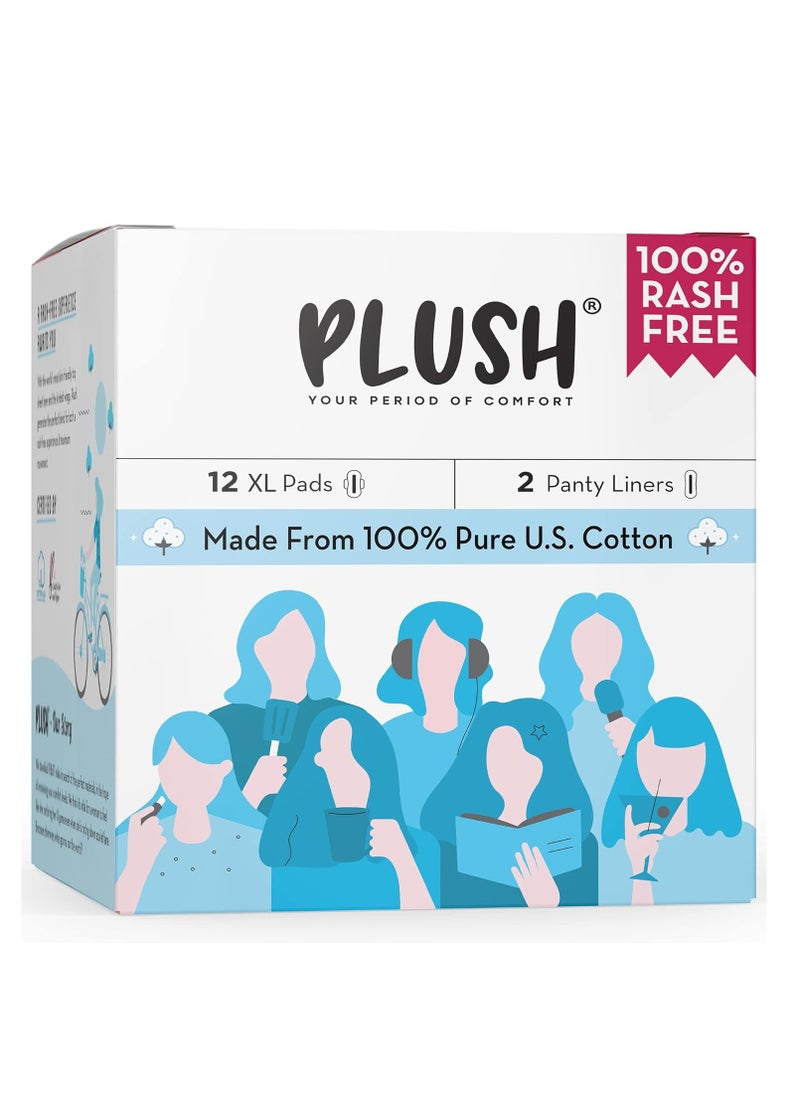 Plush Plush Ultra-Thin Sanitary Pads For Women, 12 XL Natural Cotton Sanitary Napkins | Super Absorbent 12 Medium Flow XL + 2 Panty Liners For Rash Free Periods | Pure U.S. Cotton Pads With Disposable Pouch  - Image 1