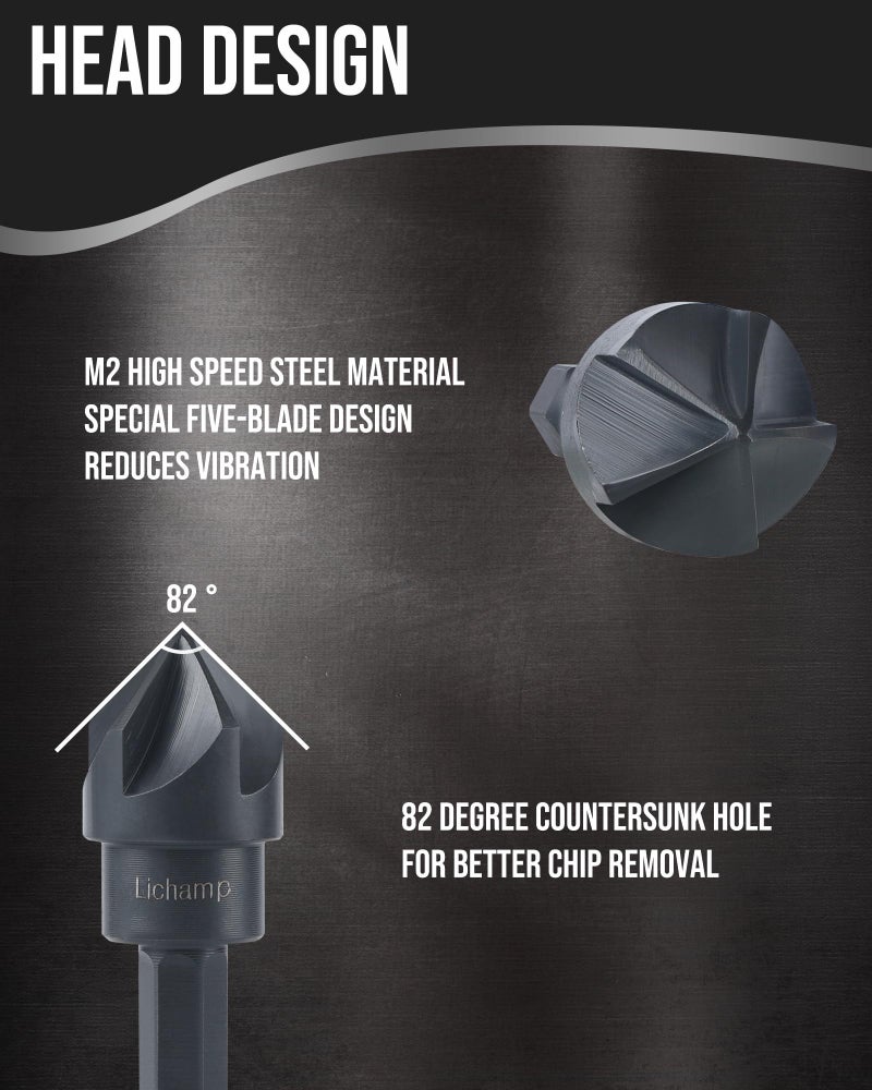 Lichamp Tungsten Carbide Chamfer Tool 1/8" to 1-7/16" with Countersink Drill Bit 1/8" to 5/8", Tungsten Carbide Chamfer Bit Burr Remover for Damaged Metal Screws Bolts and Fasteners - Image 4