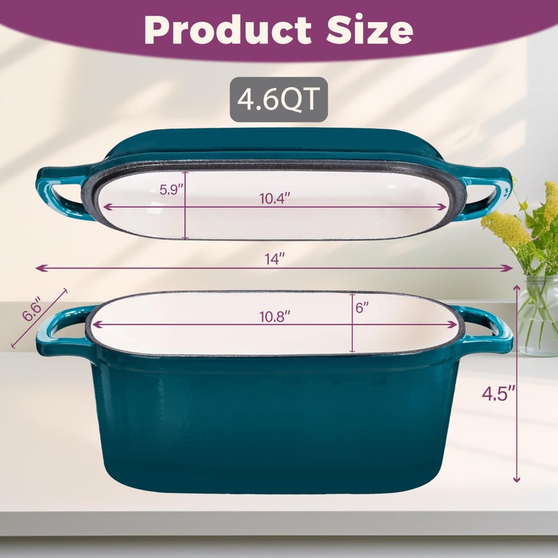 Vanderlume 4.6-Quart Oval Dutch Oven for Bread Baking, 2 in 1 Enameled Cast Iron Bread Pan with Lid, Sourdough Bread Dutch Oven for a Crispy Crust, Teal - Image 3