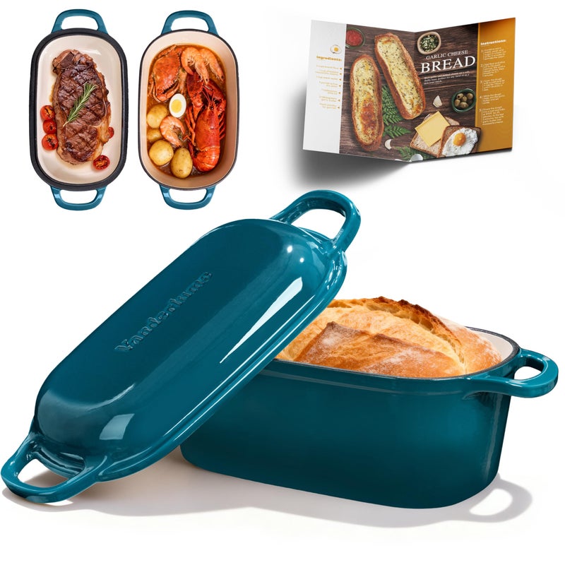 Vanderlume 4.6-Quart Oval Dutch Oven for Bread Baking, 2 in 1 Enameled Cast Iron Bread Pan with Lid, Sourdough Bread Dutch Oven for a Crispy Crust, Teal - Image 1
