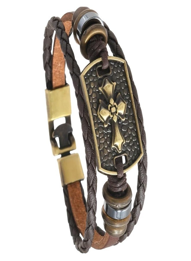 Theodoros Cross, Anchor, Yggdrasil & Tree of Life Leather Bracelet for Men's & Women's - Genuine Leather, No Magnetic (Cross) - Image 1