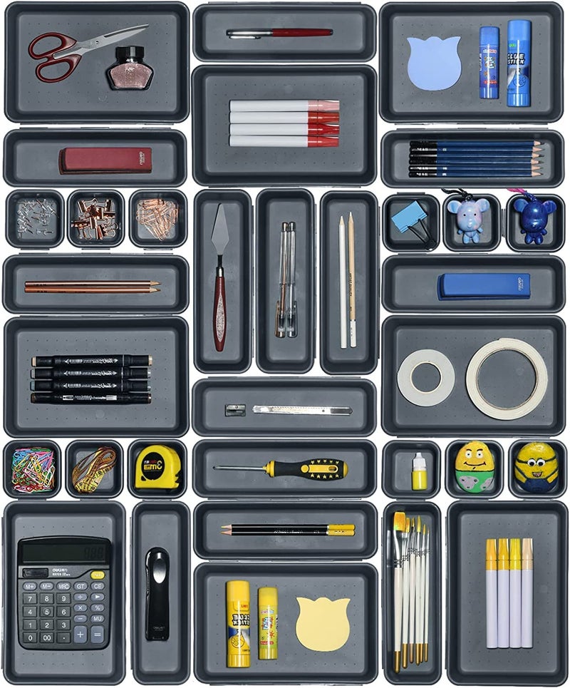 Styxon Interlocking Desk (32 PCS) Drawer Organizer Separators for Kitchen, Bathroom, Makeup, Office | Black - Image 1