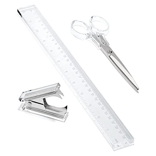 OfficeGoods 3 Piece Acrylic Desk Set - Includes Ruler, Staple Remover, Scissors - Functional & Elegant Desk Accessories - Stationary Tools for Home, Office, and School - Silver - Image 1
