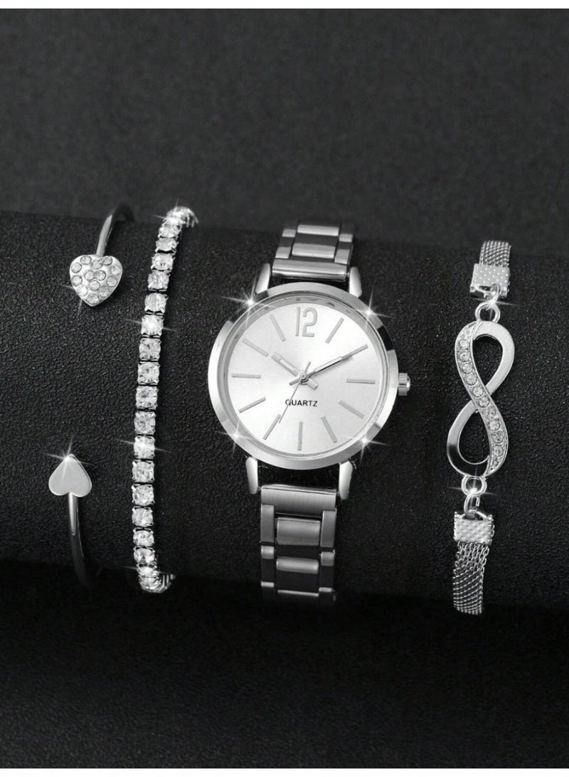 4-Piece Women’s Casual Luxury Set (Quartz Watch & Bracelets) Made Of 14K Gold-Plated Stainless Steel - Image 2