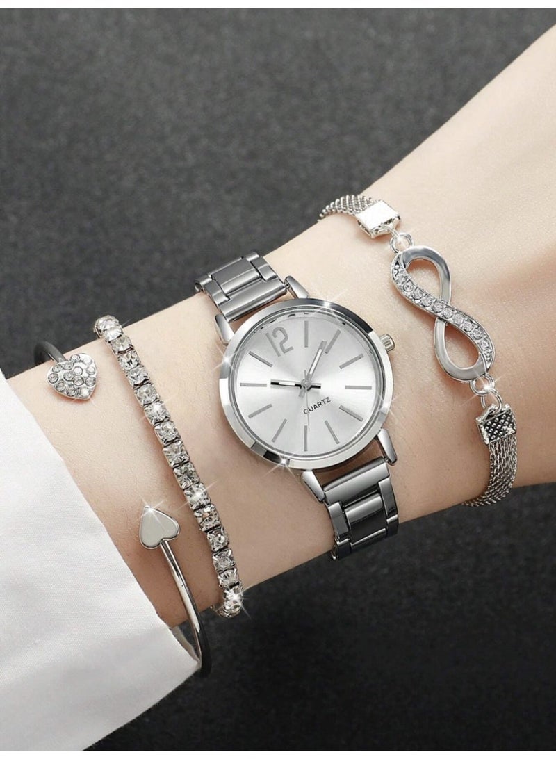 4-Piece Women’s Casual Luxury Set (Quartz Watch & Bracelets) Made Of 14K Gold-Plated Stainless Steel - Image 1