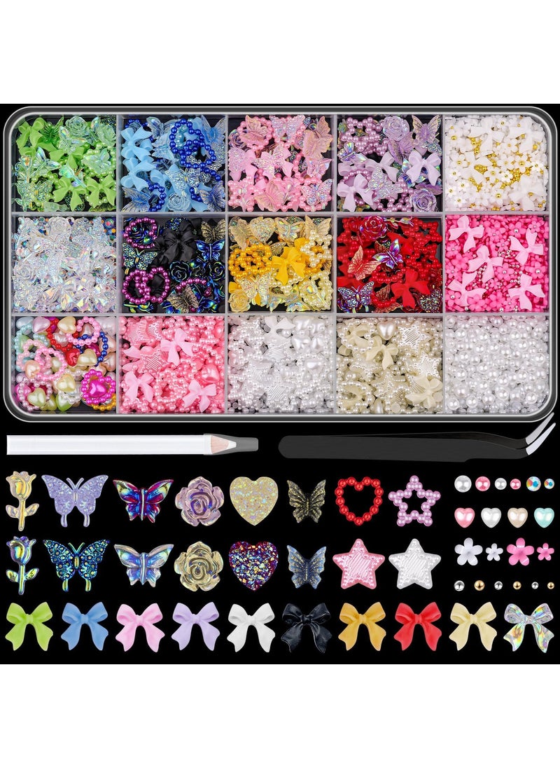BELLEBOOST 3D Nail Charms for Coquette Nails Design Set 1, Colorful Nail Bows + Assorted Heart Star Rose Butterfly Cute Nail Jewels + 3D Flower Charms and Nail Pearls, with Picker Tools for Nail Decor 