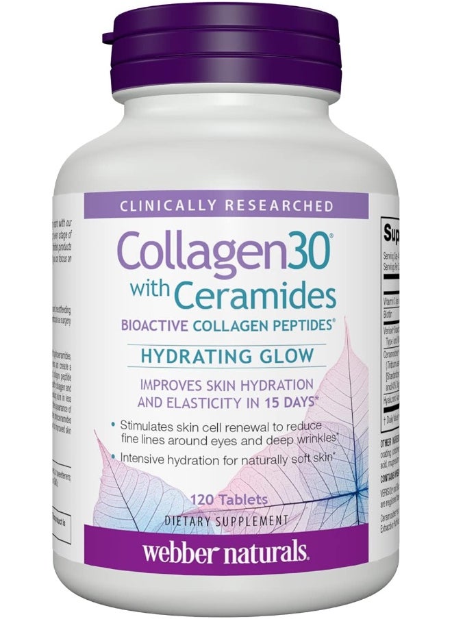 Webber naturals Collagen30 With Ceramides, Bioactive Collagen Peptides, 120 Tablets, Hydrating Glow, Helps Improve Skin Hydration, Elasticity & Smoothness, Non Gmo, Dairy & Gluten Free  - Image 1