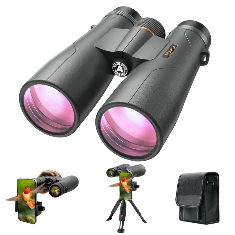Adasion 15x56 UHD Binoculars for Adults High Powered with Phone Adapter and Tripod Super Powerful BAK4 Prism Waterproof Binoculars for Hunting Stargazing Bird Watching Hiking Safari Travel Sports