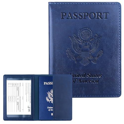 Lxzyu Passport Holder for Travel Men Women - Passport Cover, Passport Wallet Case Travel Essentials Travel Must Haves Accessories Blocking Leather Card Slot Protector for Stocking Stuffers Gifts, Navy Blue - Image 1