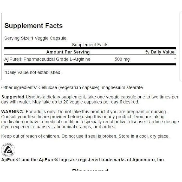 Swanson Amino Acid Ajipure L-Arginine Pharmaceutical Grade 500 Milligrams 60 Veg Capsules - Image 2