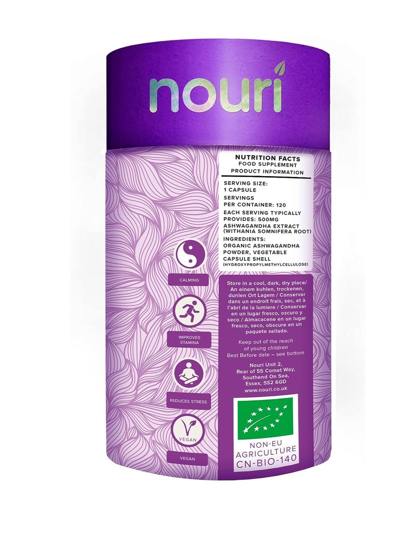 NOURI - Organic Ashwagandha Capsules, 120 Capsules 500mg Extract per Serving - Image 1
