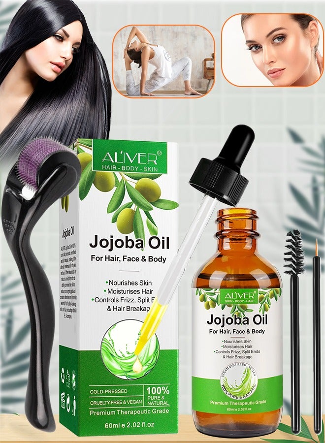 60ml Jojoba Oil with Roller for Hair Growth 100% Pure Natural and Cold Pressed for Hair Face Body Nails Rich in Vitamin E for Healthy Skin Hair Breakage and Split Ends