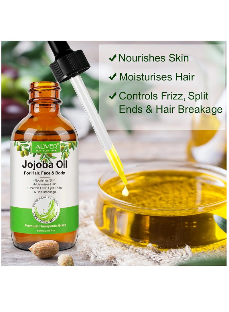 60ml Jojoba Oil with Roller for Hair Growth 100% Pure Natural and Cold Pressed for Hair Face Body Nails Rich in Vitamin E for Healthy Skin Hair Breakage and Split Ends