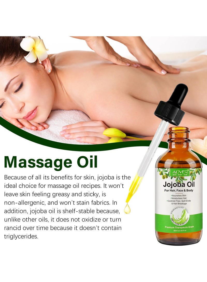 60ml Jojoba Oil with Roller for Hair Growth 100% Pure Natural and Cold Pressed for Hair Face Body Nails Rich in Vitamin E for Healthy Skin Hair Breakage and Split Ends