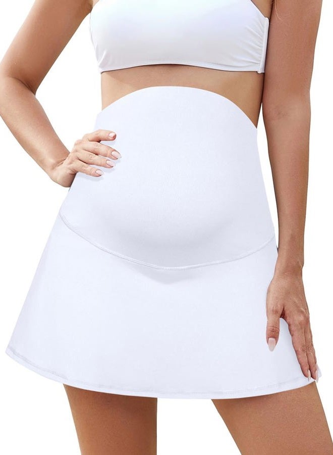 SHEKINI Maternity Ruched Skirts High Waist Sports Skirt Over The Belly Skirts Inner Shorts, White, S - Image 1